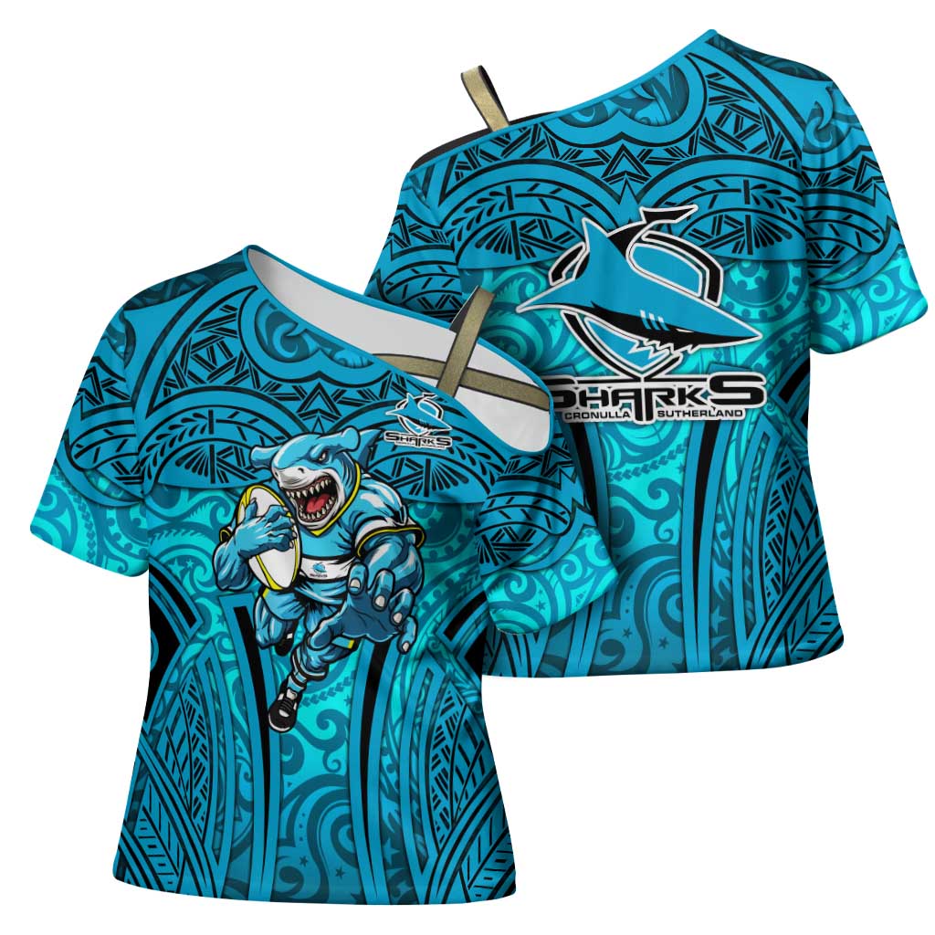 Cronulla Sutherland Sharks Rugby Cross Shoulder Shirt Polynesian Tribal Shark Warrior Ocean Blue Pattern