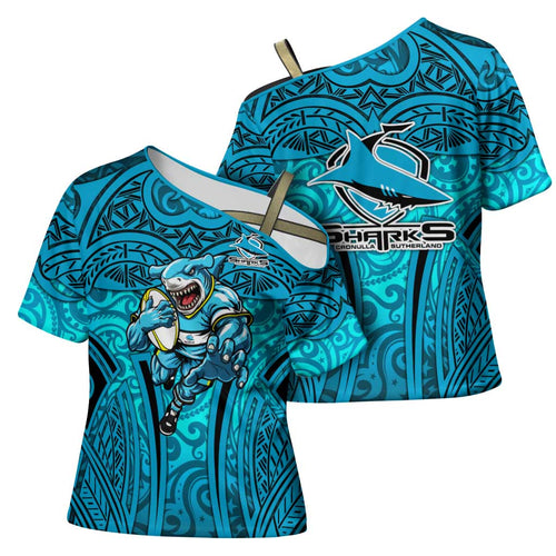 Cronulla Sutherland Sharks Rugby Cross Shoulder Shirt Polynesian Tribal Shark Warrior Ocean Blue Pattern