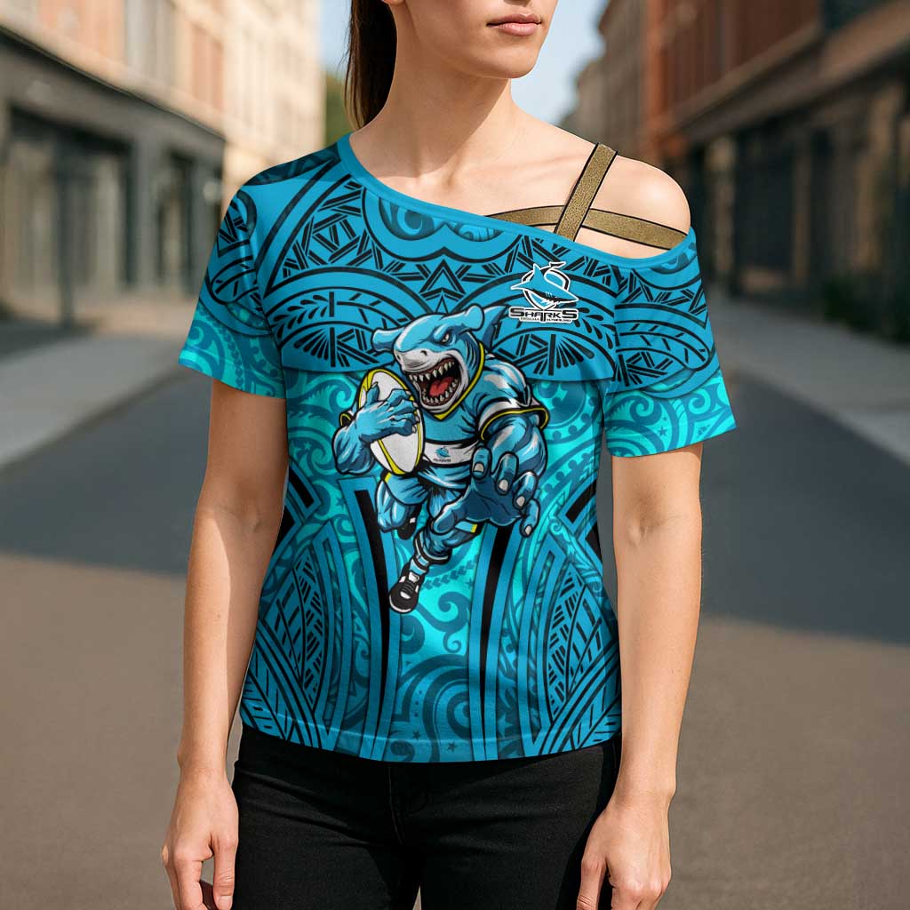 Cronulla Sutherland Sharks Rugby Cross Shoulder Shirt Polynesian Tribal Shark Warrior Ocean Blue Pattern