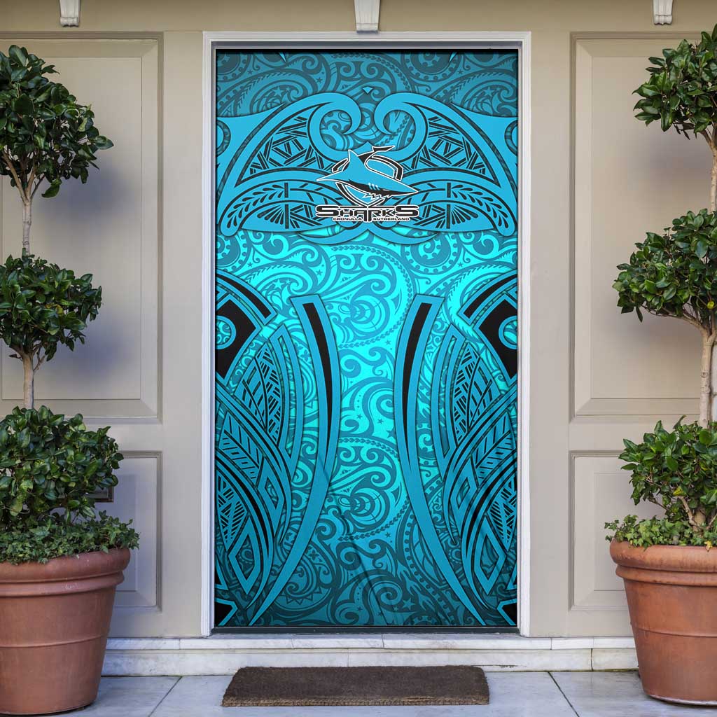 Cronulla Sutherland Sharks Rugby Door Cover Polynesian Tribal Shark Warrior Ocean Blue Pattern