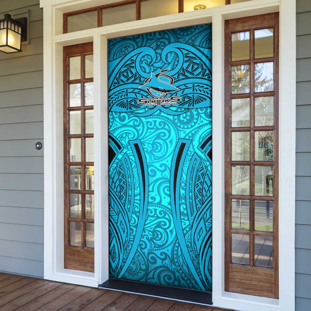 Cronulla Sutherland Sharks Rugby Door Cover Polynesian Tribal Shark Warrior Ocean Blue Pattern