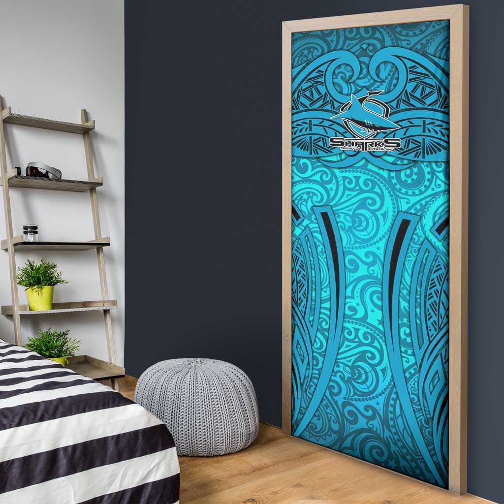Cronulla Sutherland Sharks Rugby Door Cover Polynesian Tribal Shark Warrior Ocean Blue Pattern
