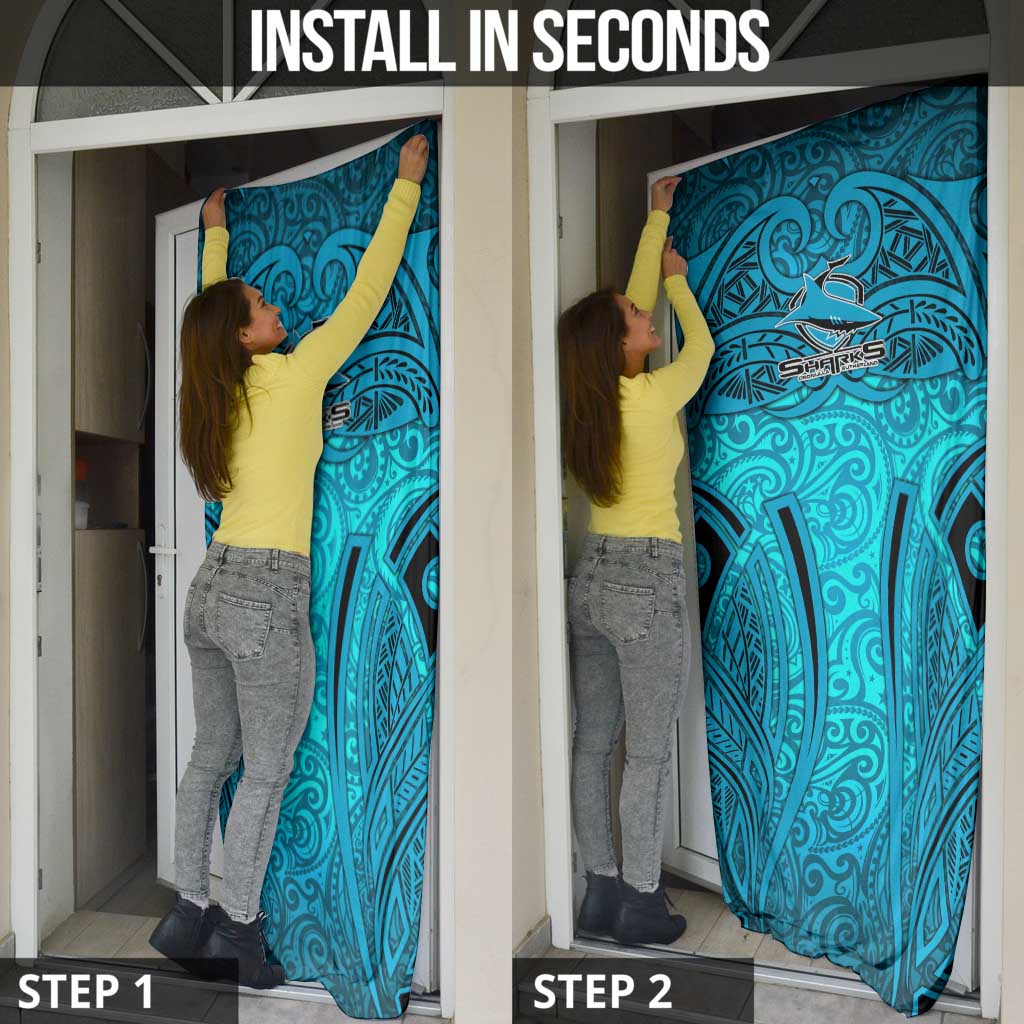 Cronulla Sutherland Sharks Rugby Door Cover Polynesian Tribal Shark Warrior Ocean Blue Pattern