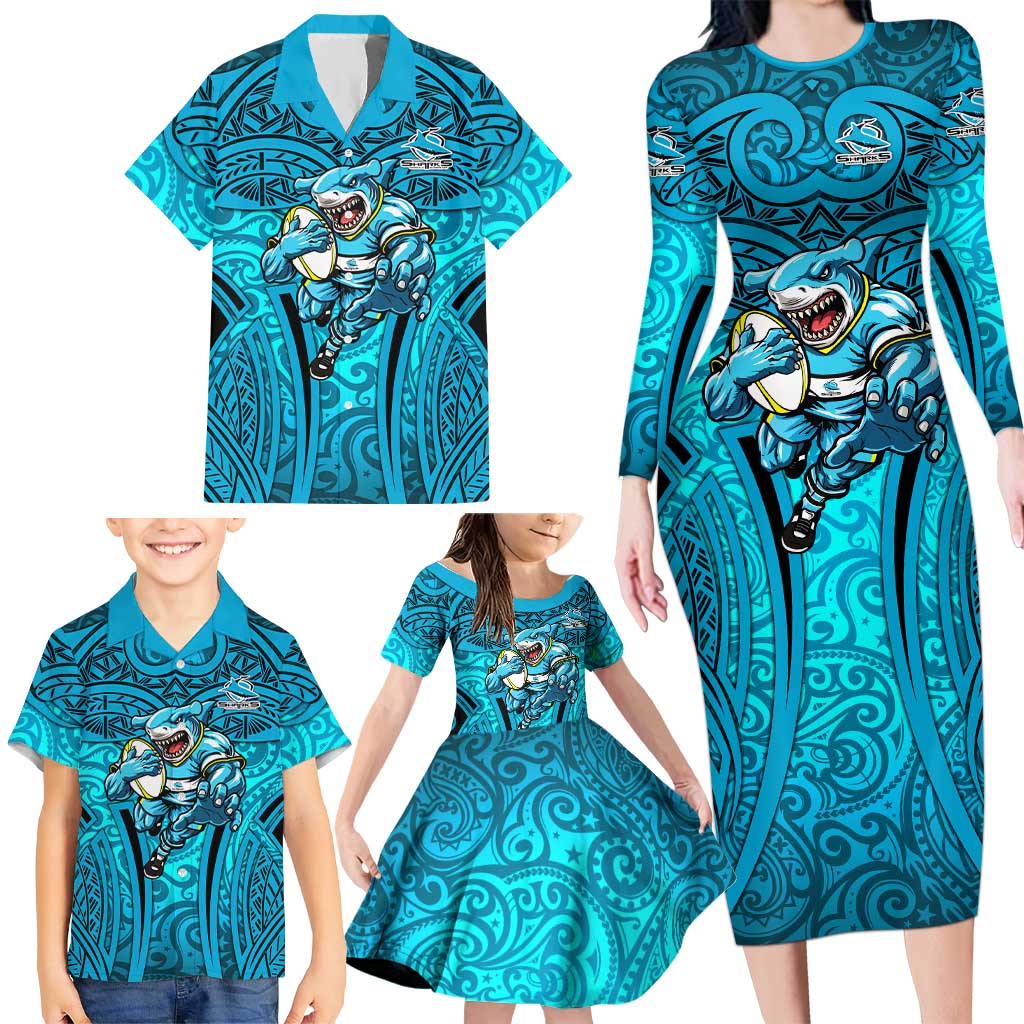Cronulla Sutherland Sharks Rugby Family Matching Long Sleeve Bodycon Dress and Hawaiian Shirt Polynesian Tribal Shark Warrior Ocean Blue Pattern