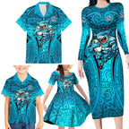 Cronulla Sutherland Sharks Rugby Family Matching Long Sleeve Bodycon Dress and Hawaiian Shirt Polynesian Tribal Shark Warrior Ocean Blue Pattern