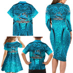 Cronulla Sutherland Sharks Rugby Family Matching Long Sleeve Bodycon Dress and Hawaiian Shirt Polynesian Tribal Shark Warrior Ocean Blue Pattern
