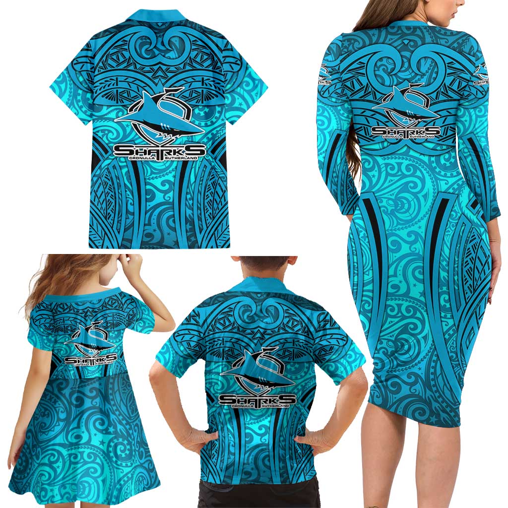 Cronulla Sutherland Sharks Rugby Family Matching Long Sleeve Bodycon Dress and Hawaiian Shirt Polynesian Tribal Shark Warrior Ocean Blue Pattern