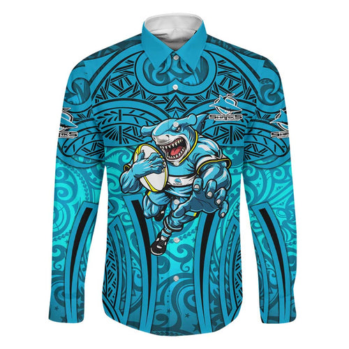 Cronulla Sutherland Sharks Rugby Family Matching Long Sleeve Bodycon Dress and Hawaiian Shirt Polynesian Tribal Shark Warrior Ocean Blue Pattern