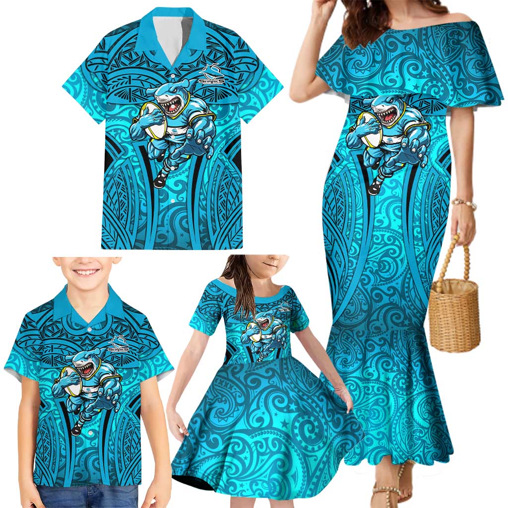 Cronulla Sutherland Sharks Rugby Family Matching Mermaid Dress and Hawaiian Shirt Polynesian Tribal Shark Warrior Ocean Blue Pattern