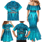 Cronulla Sutherland Sharks Rugby Family Matching Mermaid Dress and Hawaiian Shirt Polynesian Tribal Shark Warrior Ocean Blue Pattern
