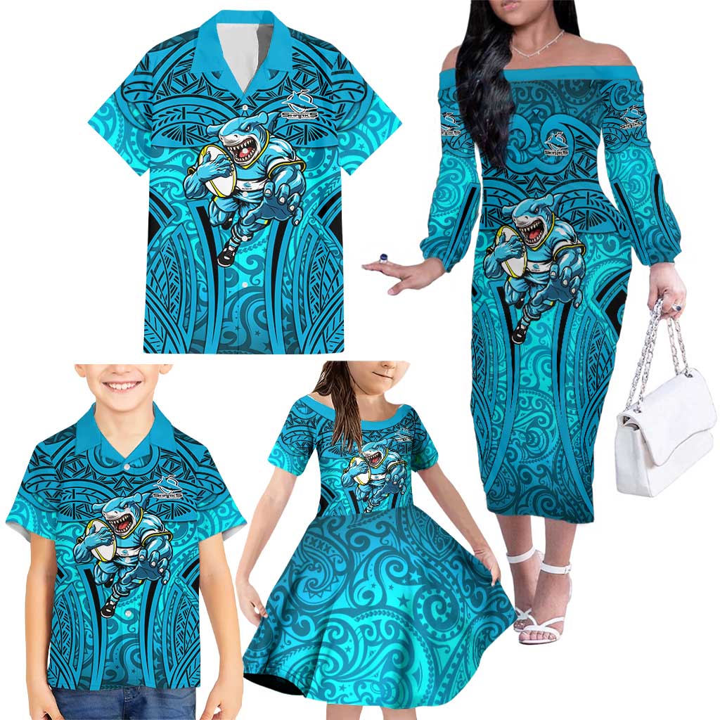 Cronulla Sutherland Sharks Rugby Family Matching Off The Shoulder Long Sleeve Dress and Hawaiian Shirt Polynesian Tribal Shark Warrior Ocean Blue Pattern