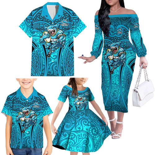 Cronulla Sutherland Sharks Rugby Family Matching Off The Shoulder Long Sleeve Dress and Hawaiian Shirt Polynesian Tribal Shark Warrior Ocean Blue Pattern
