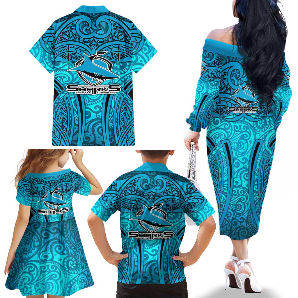 Cronulla Sutherland Sharks Rugby Family Matching Off The Shoulder Long Sleeve Dress and Hawaiian Shirt Polynesian Tribal Shark Warrior Ocean Blue Pattern