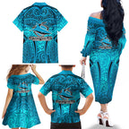 Cronulla Sutherland Sharks Rugby Family Matching Off The Shoulder Long Sleeve Dress and Hawaiian Shirt Polynesian Tribal Shark Warrior Ocean Blue Pattern