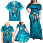 Cronulla Sutherland Sharks Rugby Family Matching Off Shoulder Maxi Dress and Hawaiian Shirt Polynesian Tribal Shark Warrior Ocean Blue Pattern