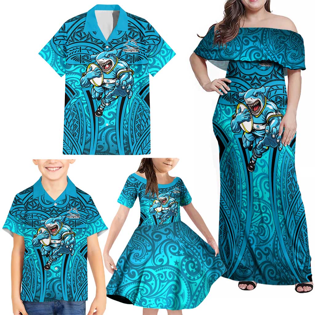 Cronulla Sutherland Sharks Rugby Family Matching Off Shoulder Maxi Dress and Hawaiian Shirt Polynesian Tribal Shark Warrior Ocean Blue Pattern