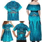 Cronulla Sutherland Sharks Rugby Family Matching Off Shoulder Maxi Dress and Hawaiian Shirt Polynesian Tribal Shark Warrior Ocean Blue Pattern