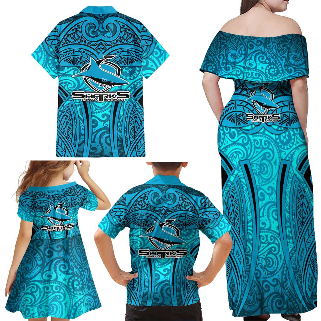 Cronulla Sutherland Sharks Rugby Family Matching Off Shoulder Maxi Dress and Hawaiian Shirt Polynesian Tribal Shark Warrior Ocean Blue Pattern