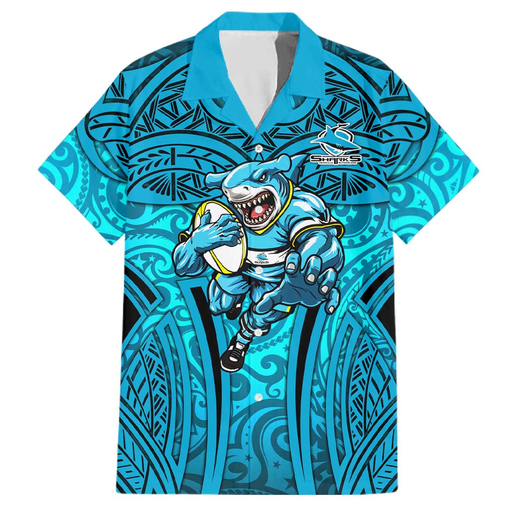 Cronulla Sutherland Sharks Rugby Family Matching Off Shoulder Maxi Dress and Hawaiian Shirt Polynesian Tribal Shark Warrior Ocean Blue Pattern