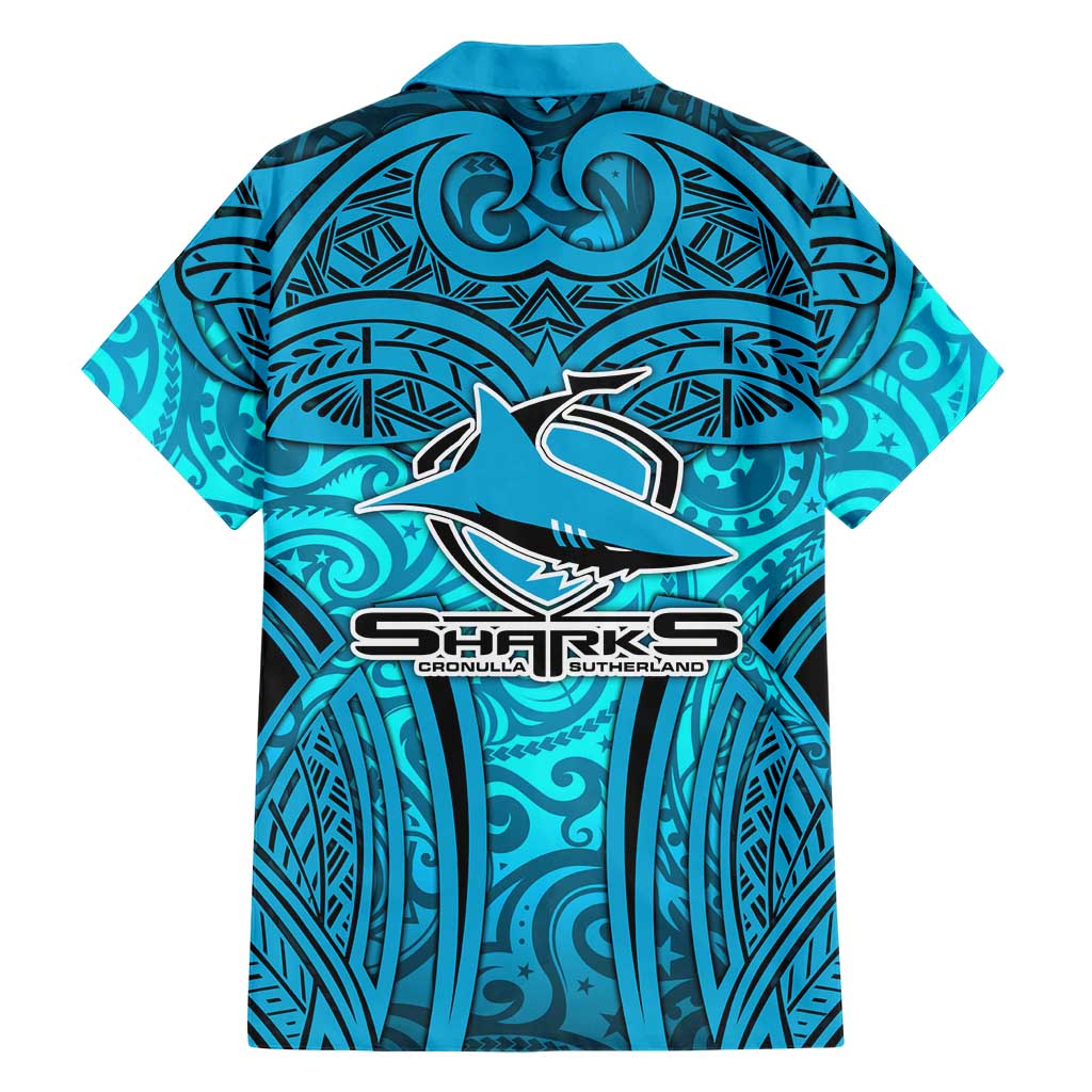 Cronulla Sutherland Sharks Rugby Family Matching Off Shoulder Maxi Dress and Hawaiian Shirt Polynesian Tribal Shark Warrior Ocean Blue Pattern