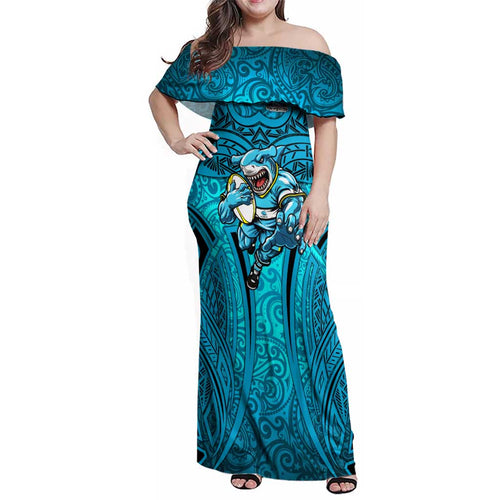 Cronulla Sutherland Sharks Rugby Family Matching Off Shoulder Maxi Dress and Hawaiian Shirt Polynesian Tribal Shark Warrior Ocean Blue Pattern