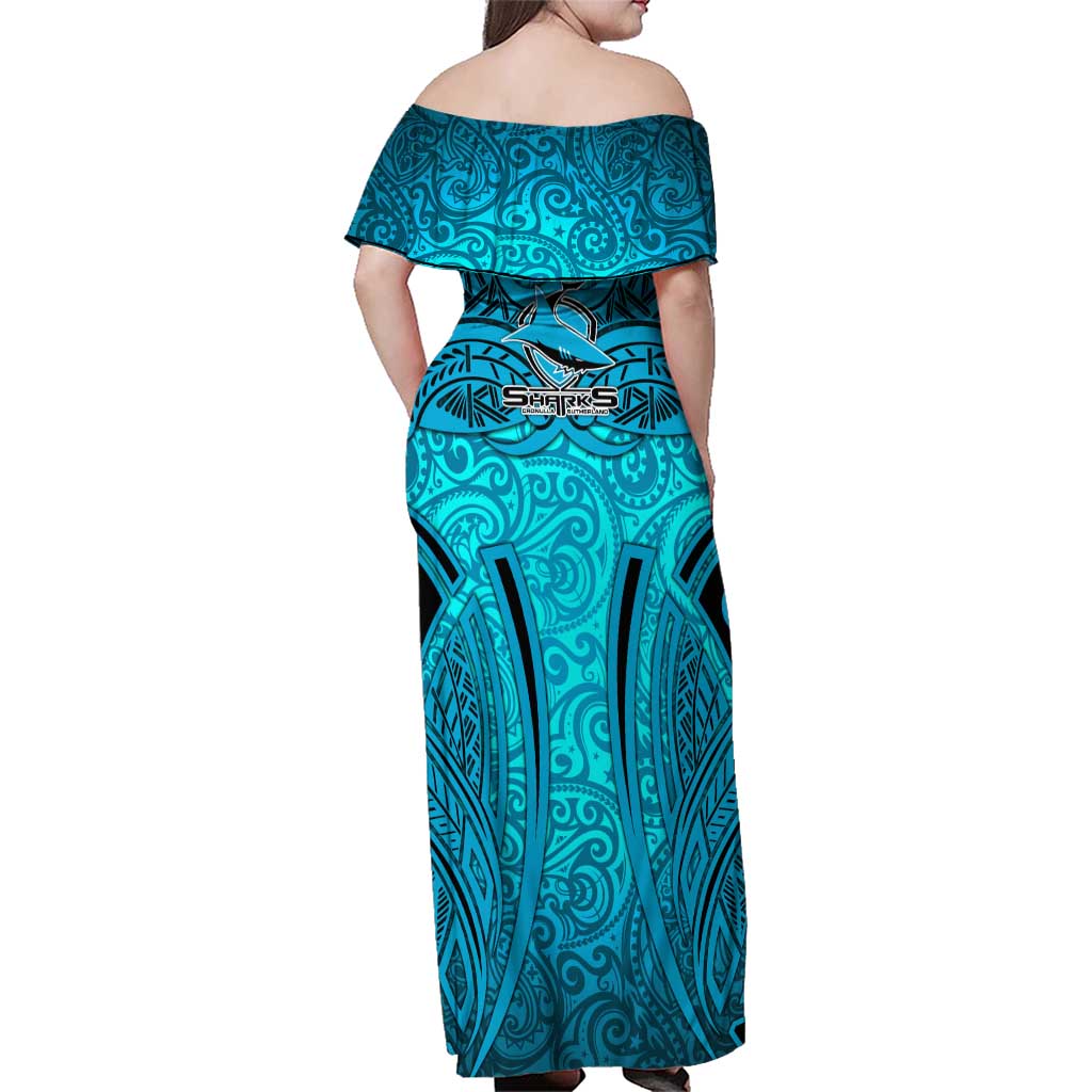 Cronulla Sutherland Sharks Rugby Family Matching Off Shoulder Maxi Dress and Hawaiian Shirt Polynesian Tribal Shark Warrior Ocean Blue Pattern