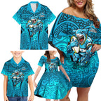 Cronulla Sutherland Sharks Rugby Family Matching Off Shoulder Short Dress and Hawaiian Shirt Polynesian Tribal Shark Warrior Ocean Blue Pattern