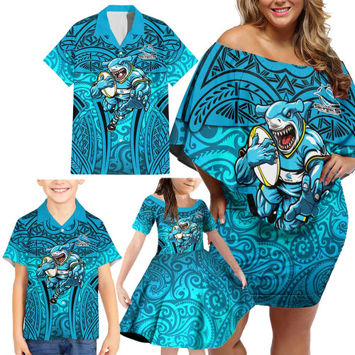 Cronulla Sutherland Sharks Rugby Family Matching Off Shoulder Short Dress and Hawaiian Shirt Polynesian Tribal Shark Warrior Ocean Blue Pattern