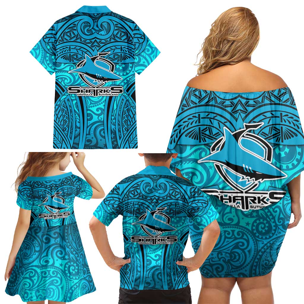 Cronulla Sutherland Sharks Rugby Family Matching Off Shoulder Short Dress and Hawaiian Shirt Polynesian Tribal Shark Warrior Ocean Blue Pattern