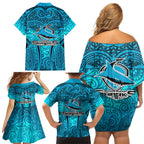 Cronulla Sutherland Sharks Rugby Family Matching Off Shoulder Short Dress and Hawaiian Shirt Polynesian Tribal Shark Warrior Ocean Blue Pattern
