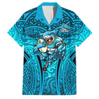 Cronulla Sutherland Sharks Rugby Family Matching Off Shoulder Short Dress and Hawaiian Shirt Polynesian Tribal Shark Warrior Ocean Blue Pattern