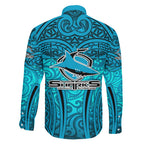 Cronulla Sutherland Sharks Rugby Family Matching Off Shoulder Short Dress and Hawaiian Shirt Polynesian Tribal Shark Warrior Ocean Blue Pattern