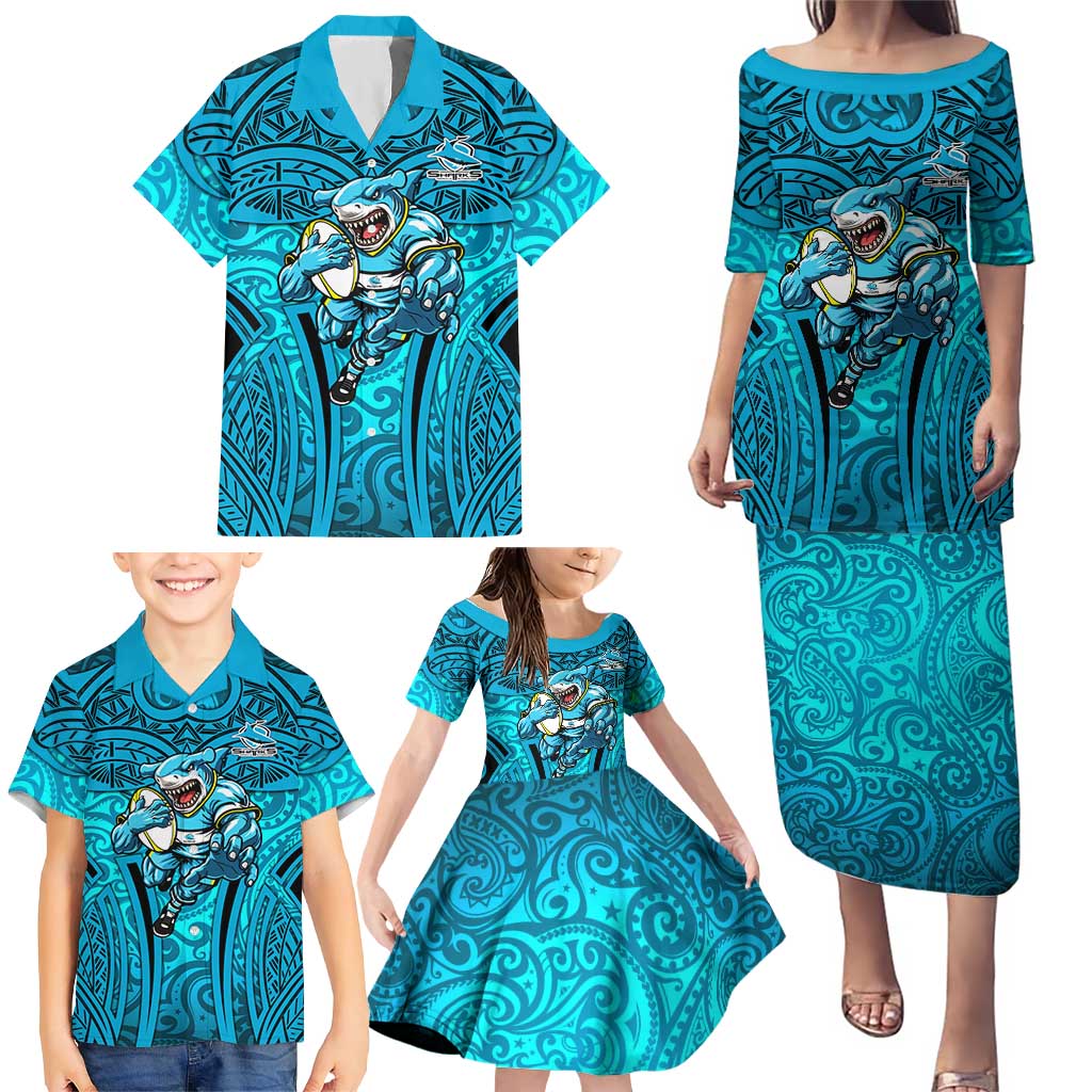 Cronulla Sutherland Sharks Rugby Family Matching Puletasi and Hawaiian Shirt Polynesian Tribal Shark Warrior Ocean Blue Pattern