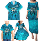 Cronulla Sutherland Sharks Rugby Family Matching Puletasi and Hawaiian Shirt Polynesian Tribal Shark Warrior Ocean Blue Pattern