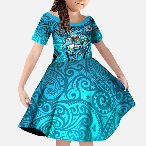 Cronulla Sutherland Sharks Rugby Family Matching Puletasi and Hawaiian Shirt Polynesian Tribal Shark Warrior Ocean Blue Pattern