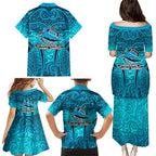 Cronulla Sutherland Sharks Rugby Family Matching Puletasi and Hawaiian Shirt Polynesian Tribal Shark Warrior Ocean Blue Pattern