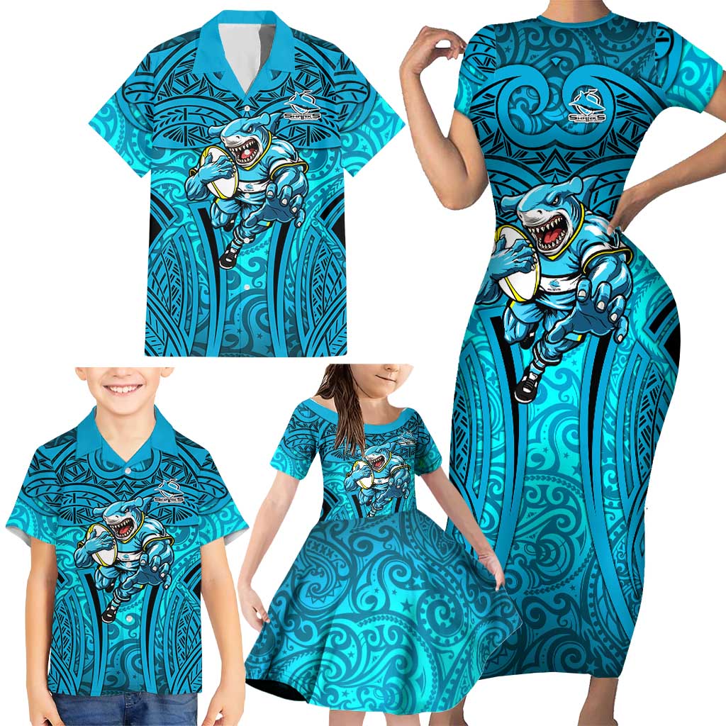 Cronulla Sutherland Sharks Rugby Family Matching Short Sleeve Bodycon Dress and Hawaiian Shirt Polynesian Tribal Shark Warrior Ocean Blue Pattern