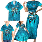 Cronulla Sutherland Sharks Rugby Family Matching Short Sleeve Bodycon Dress and Hawaiian Shirt Polynesian Tribal Shark Warrior Ocean Blue Pattern
