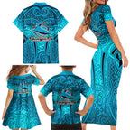 Cronulla Sutherland Sharks Rugby Family Matching Short Sleeve Bodycon Dress and Hawaiian Shirt Polynesian Tribal Shark Warrior Ocean Blue Pattern