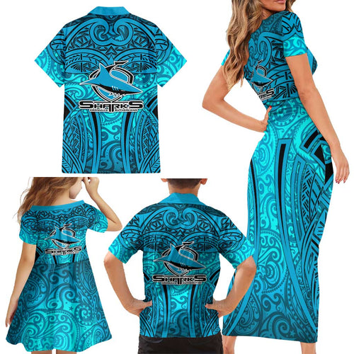 Cronulla Sutherland Sharks Rugby Family Matching Short Sleeve Bodycon Dress and Hawaiian Shirt Polynesian Tribal Shark Warrior Ocean Blue Pattern