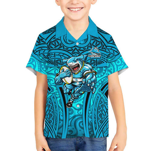 Cronulla Sutherland Sharks Rugby Family Matching Short Sleeve Bodycon Dress and Hawaiian Shirt Polynesian Tribal Shark Warrior Ocean Blue Pattern