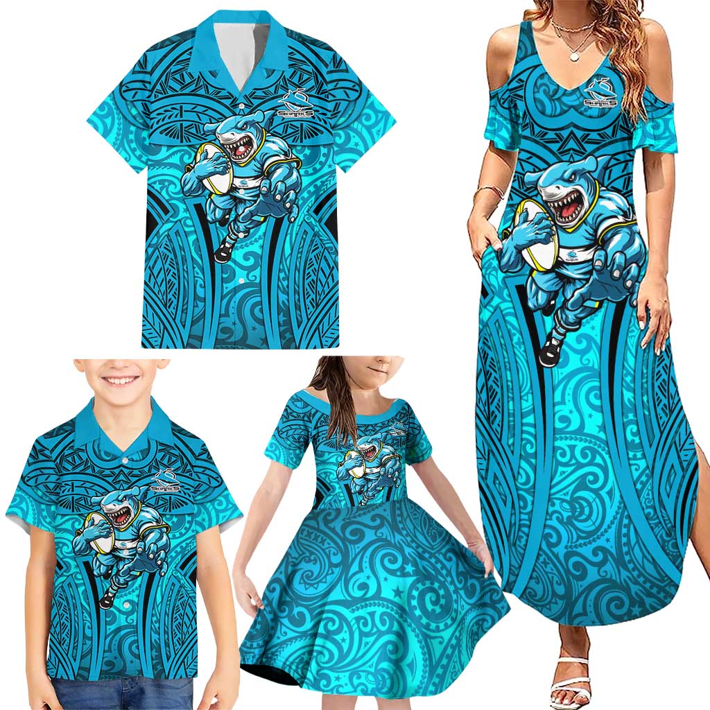Cronulla Sutherland Sharks Rugby Family Matching Summer Maxi Dress and Hawaiian Shirt Polynesian Tribal Shark Warrior Ocean Blue Pattern