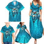 Cronulla Sutherland Sharks Rugby Family Matching Summer Maxi Dress and Hawaiian Shirt Polynesian Tribal Shark Warrior Ocean Blue Pattern