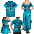 Cronulla Sutherland Sharks Rugby Family Matching Summer Maxi Dress and Hawaiian Shirt Polynesian Tribal Shark Warrior Ocean Blue Pattern