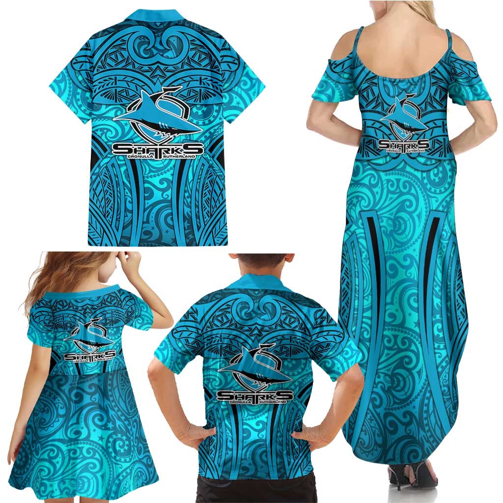 Cronulla Sutherland Sharks Rugby Family Matching Summer Maxi Dress and Hawaiian Shirt Polynesian Tribal Shark Warrior Ocean Blue Pattern