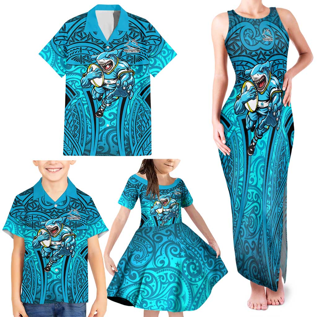 Cronulla Sutherland Sharks Rugby Family Matching Tank Maxi Dress and Hawaiian Shirt Polynesian Tribal Shark Warrior Ocean Blue Pattern