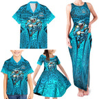 Cronulla Sutherland Sharks Rugby Family Matching Tank Maxi Dress and Hawaiian Shirt Polynesian Tribal Shark Warrior Ocean Blue Pattern