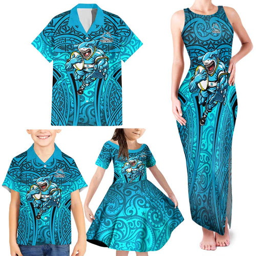 Cronulla Sutherland Sharks Rugby Family Matching Tank Maxi Dress and Hawaiian Shirt Polynesian Tribal Shark Warrior Ocean Blue Pattern