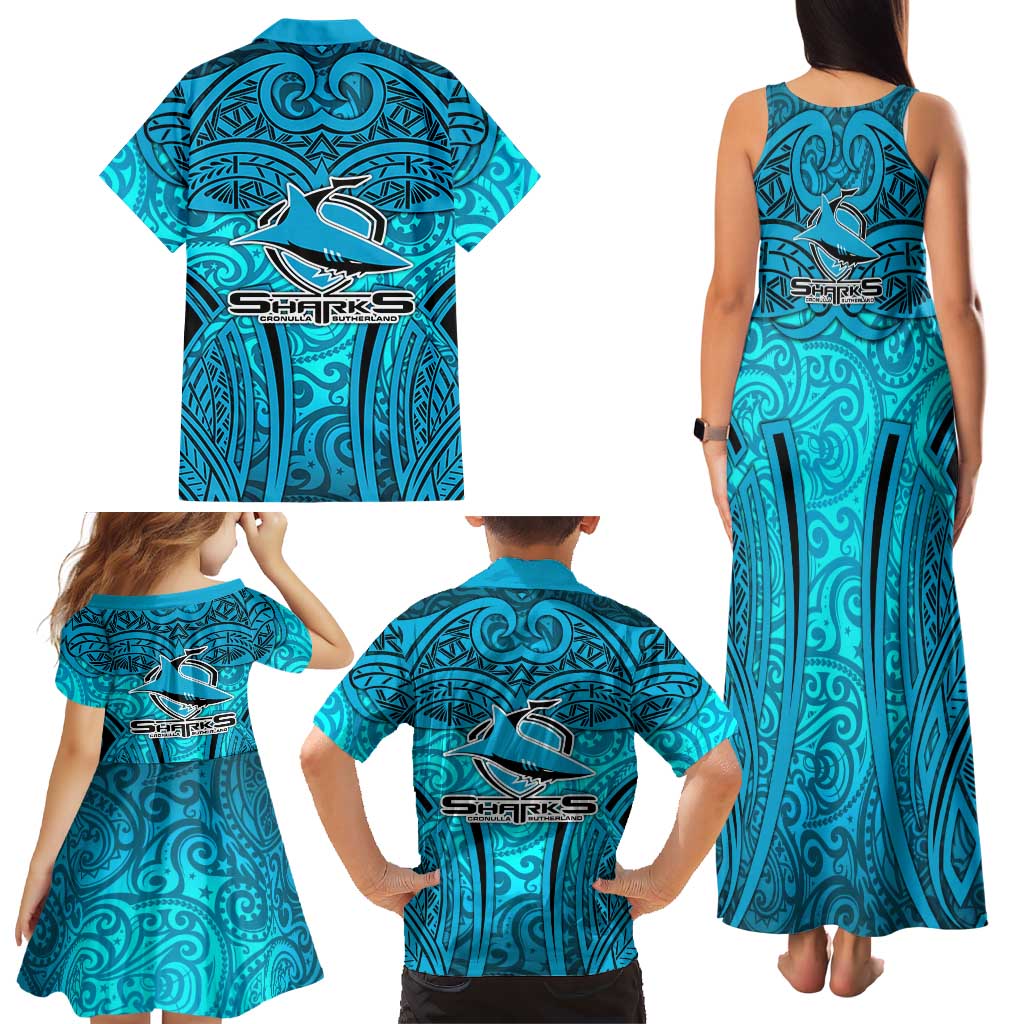 Cronulla Sutherland Sharks Rugby Family Matching Tank Maxi Dress and Hawaiian Shirt Polynesian Tribal Shark Warrior Ocean Blue Pattern
