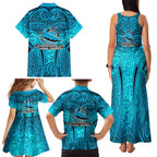 Cronulla Sutherland Sharks Rugby Family Matching Tank Maxi Dress and Hawaiian Shirt Polynesian Tribal Shark Warrior Ocean Blue Pattern